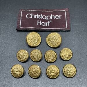 10 Vtg Christopher Hart Gold Tone Metal Blazer Buttons 2-Lg 8-Sm Embossed Crest